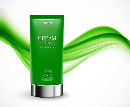 Skin moisturizer design template with green realistic bottle on wavy soft dynamic lines  illustrationのイラスト素材