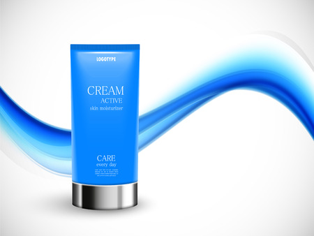 Skin moisturizer cosmetic design template with blue realistic bottle on wavy curved soft light lines background. Vector illustrationのイラスト素材