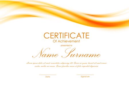 Certificate of achievement template with orange bent soft wavy background. Vector illustrationのイラスト素材