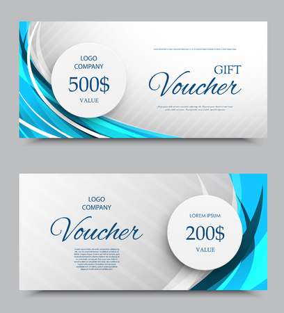 Gift company voucher template on two and five hundred dollars with gray slanting striped background and blue wavy curved lines pattern. Vector illustrationのイラスト素材