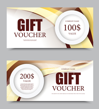 Gift company voucher template on one and two hundred dollars with gray circles and light wavy colorful curved lines pattern. Vector illustrationのイラスト素材