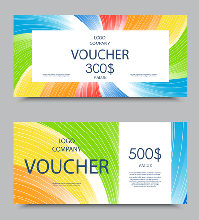 Gift company voucher template on three and five hundred dollars with rainbow swirl light colorful pattern. Vector illustrationのイラスト素材