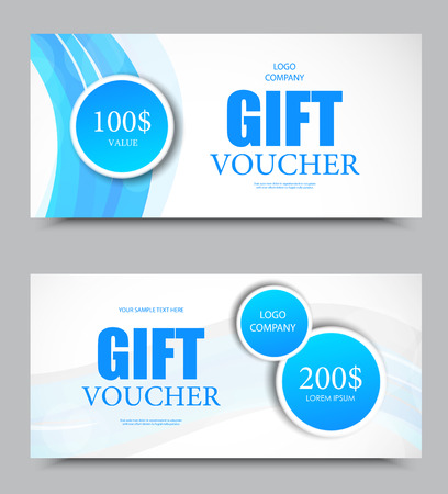 Gift company voucher template on two and one hundred dollars with blue circles and wavy curved pattern. Vector illustrationのイラスト素材