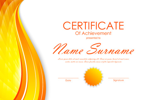 Certificate of achievement template with orange digital wavy bright background and seal. Vector illustrationのイラスト素材