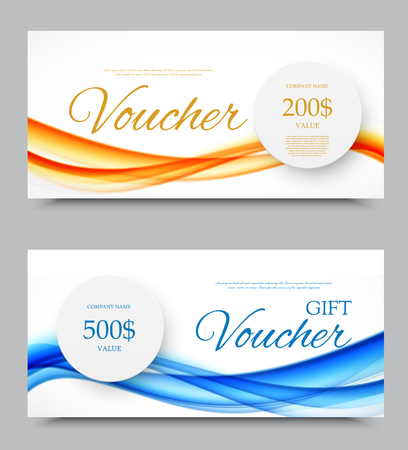 Gift company voucher template on two and five hundred dollars with gray paper circles blue and orange wavy soft lines patterns. Vector illustrationのイラスト素材
