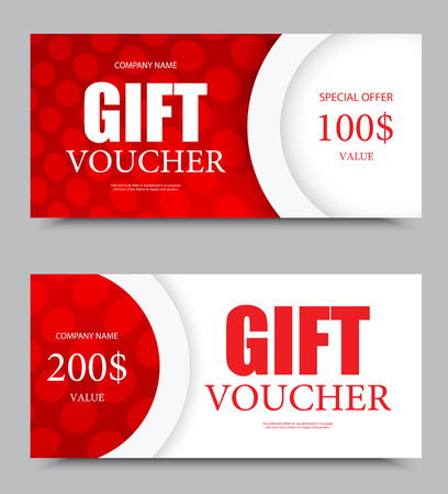 Gift company voucher template on one and two hundred dollars with red circle grid geometric light pattern. Vector illustrationのイラスト素材