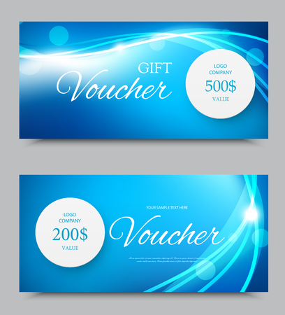 Gift company voucher template on two and five hundred dollars with gray paper circle and dynamic light blue wavy glowing lines pattern. Vector illustrationのイラスト素材