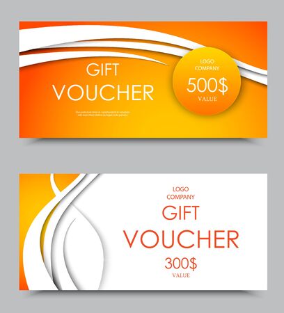 Gift company voucher template on five and three hundred dollars with circle and light orange wavy curved lines pattern. Vector illustrationのイラスト素材