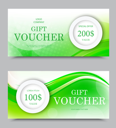 Gift company voucher template on two and one hundred dollars with light circles and green wavy bent soft lines pattern. Vector illustrationのイラスト素材