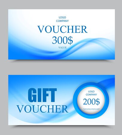Gift company voucher template on three and two hundred dollars with circle and light blue wavy soft pattern. Vector illustrationのイラスト素材