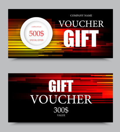 Gift company voucher template on three and five hundred dollars with orange and red straight lines motion pattern. Vector illustrationのイラスト素材