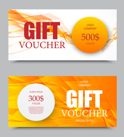 Gift company voucher template on five and three hundred dollars with light circles and orange geometric low poly pattern. Vector illustrationのイラスト素材