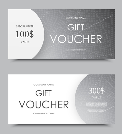 Gift company voucher template on one and three hundred dollars with gray geometric mosaic pattern.のイラスト素材