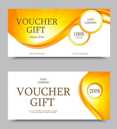 Gift company voucher template on one and two hundred dollars with circles and orange wavy swirl pattern. Vector illustrationのイラスト素材