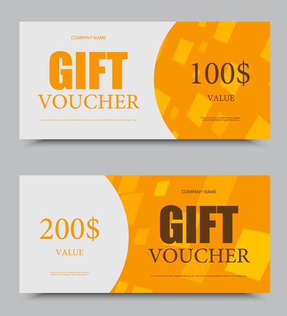 Gift company voucher template on one and two hundred dollars with orange geometric square surface pattern. Vector illustrationのイラスト素材