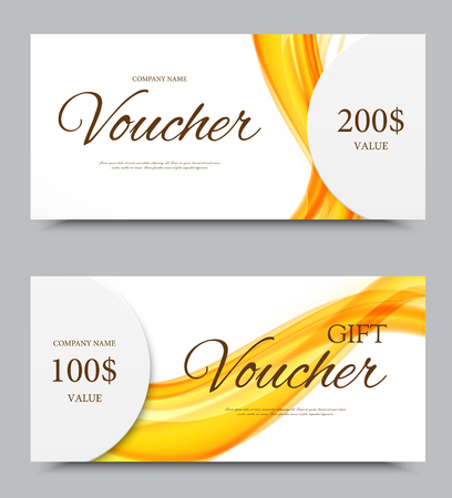 Gift company voucher template on two and one hundred dollars with orange wavy light soft lines pattern. Vector illustrationのイラスト素材