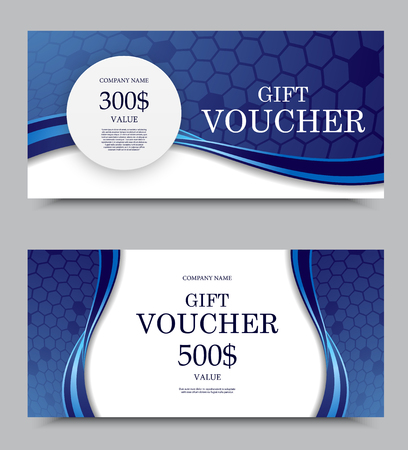 Gift company voucher template on five and three hundred dollars with blue wavy elegant hexagonal mosaic surface pattern. Vector illustrationのイラスト素材