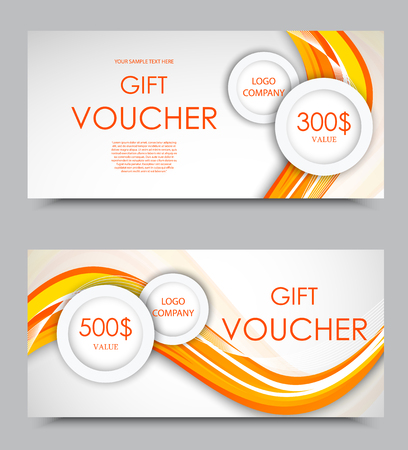 Gift company voucher template on three and five hundred dollars with light circles and orange wavy bent lines pattern. Vector illustrationのイラスト素材