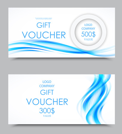 Gift company voucher template on five and three hundred dollars with blue wavy curved smoky elegant soft lines pattern. Vector illustrationのイラスト素材