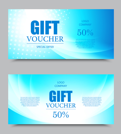 Gift company voucher template on fifty percent rate discount with halftone effect and wavy blue dynamic light pattern. Vector illustrationのイラスト素材