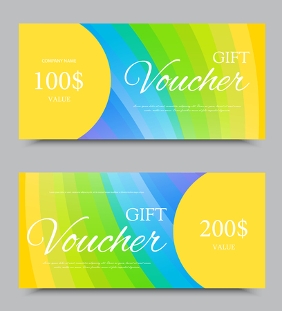 Gift voucher template on one and two hundred dollars with rainbow wavy light pattern. Vector illustrationのイラスト素材