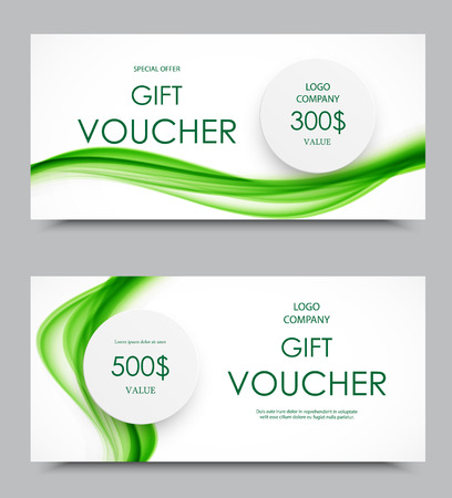 Gift company voucher template on five and three hundred dollars with gray paper circles and green wavy curved soft lines pattern. Vector illustrationのイラスト素材