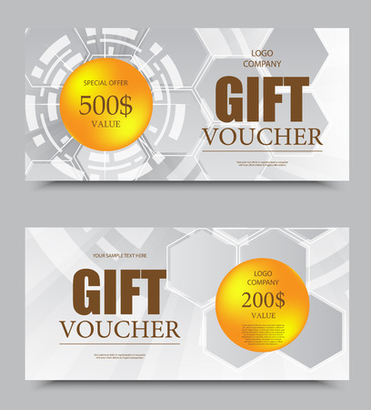 Gift company voucher template on five and two hundred dollars with orange circles and gray digital geometric hexagonal pattern. Vector illustrationのイラスト素材