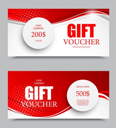 Gift company voucher template on two and five hundred dollars with gray paper circles and red wavy bent lines pattern. Vector illustrationのイラスト素材