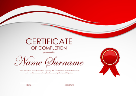 Certificate of completion template with red wavy dynamic background and label. Vector illustrationのイラスト素材