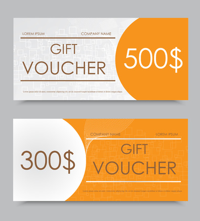 Gift voucher template on three and five hundred dollars with orange geometric square pattern. Vector illustrationのイラスト素材