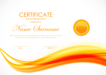Certificate of achievement template with orange curved dynamic soft wavy background and seal. Vector illustrationのイラスト素材
