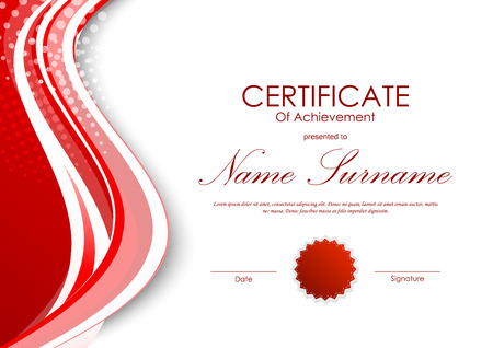 Certificate of achievement template with red wavy digital bent background and seal. Vector illustrationのイラスト素材
