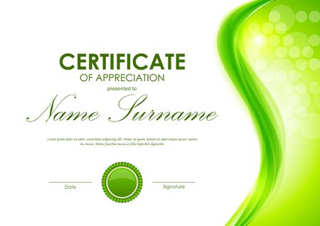 Certificate of appreciation template with dynamic green wavy smooth background and seal. Vector illustrationのイラスト素材