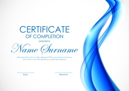Certificate of completion template with blue wavy interweaving bright soft background. Vector illustrationのイラスト素材