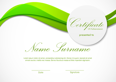 Certificate of achievement template with green light dynamic wavy background and paper circle badge. Vector illustrationのイラスト素材