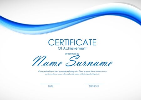 Certificate of achievement template with dynamic blue wavy curved soft smooth background. Vector illustrationのイラスト素材