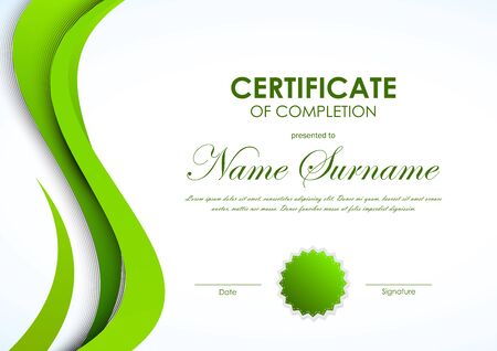Certificate of completion template with green curved smooth wavy background and seal. Vector illustrationのイラスト素材