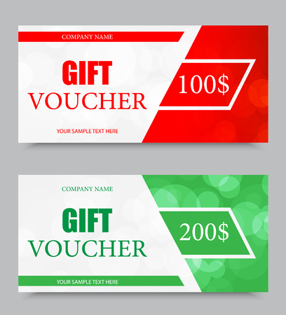 Gift company voucher template on one and two hundred dollars with red and green light pattern. Vector illustrationのイラスト素材