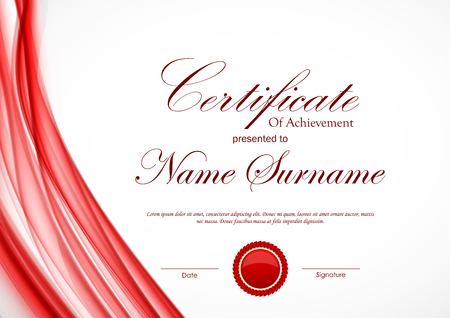 Certificate of achievement template with dynamic red wavy soft silk background and seal. Vector illustrationのイラスト素材