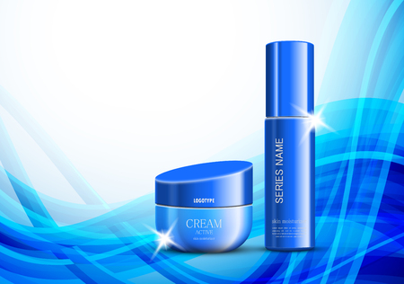 Skin moisturizer ads light template with blue realistic shiny packages on wavy dynamic lines illustrationのイラスト素材