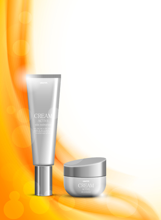 Skin moisturizer design template with gray realistic packages on orange bright wavy soft dynamic lines illustrationのイラスト素材
