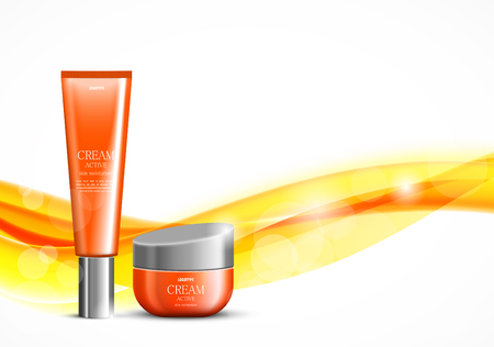 Skin moisturizer cosmetic design template with orange realistic packages on wavy soft bright dynamic smooth lines background. Vector illustrationのイラスト素材