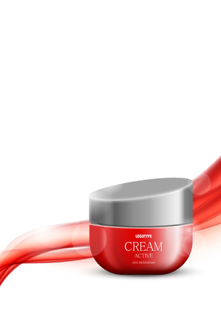 Beauty cosmetic design template with skin moisturizer red realistic container on wavy soft shiny dynamic lines background. Vector illustrationのイラスト素材