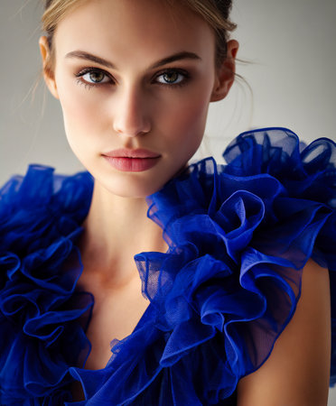 Portrait of beautiful young woman in blue dress. Studio shot.の素材