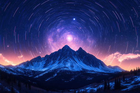 Mountain landscape with starry sky and milky way. Elements of this image furnished by NASAの素材