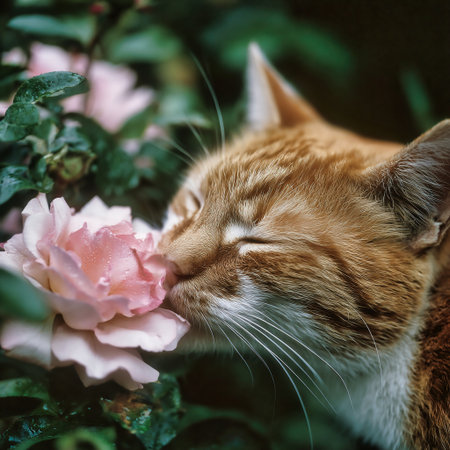 Cute ginger cat smelling a pink rose flower in the garden.の素材