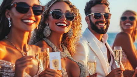 Beautiful young women and men in sunglasses are drinking champagne and smiling while standing on the beachの素材