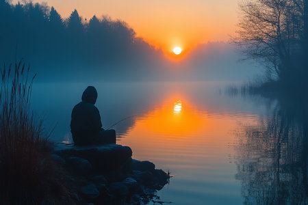 Fisherman sitting on a rock by the lake at sunrise.の素材