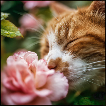 Cute ginger cat sleeping in the garden with pink rose flowers.の素材