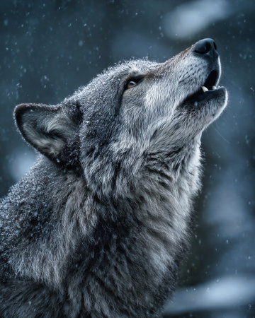 Portrait of a gray wolf in the snow. Wildlife scene from nature.の素材